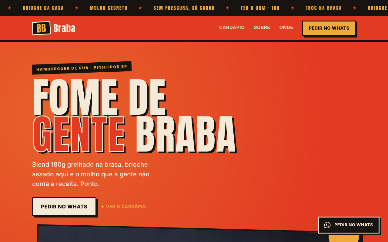 Site da hamburgueria Braba Burger