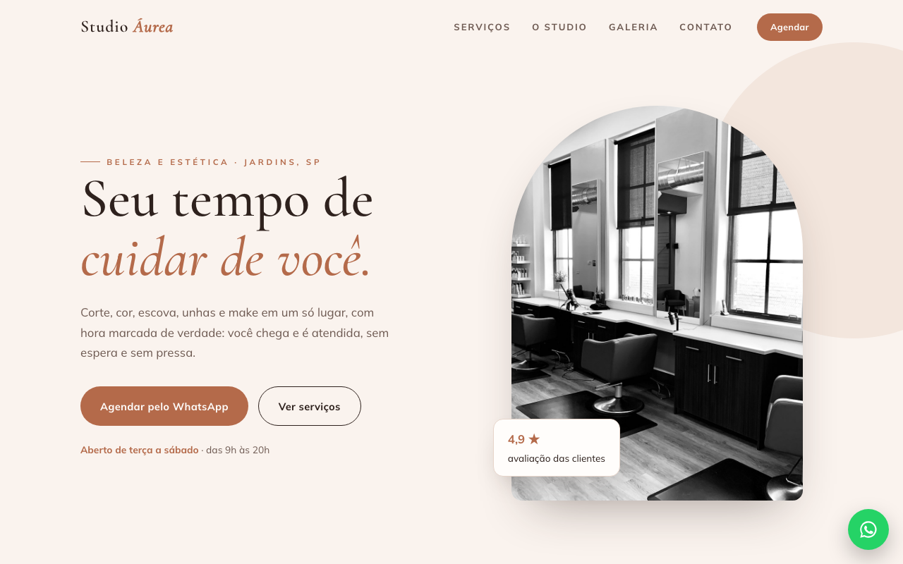 Site do Studio Áurea, salão de beleza